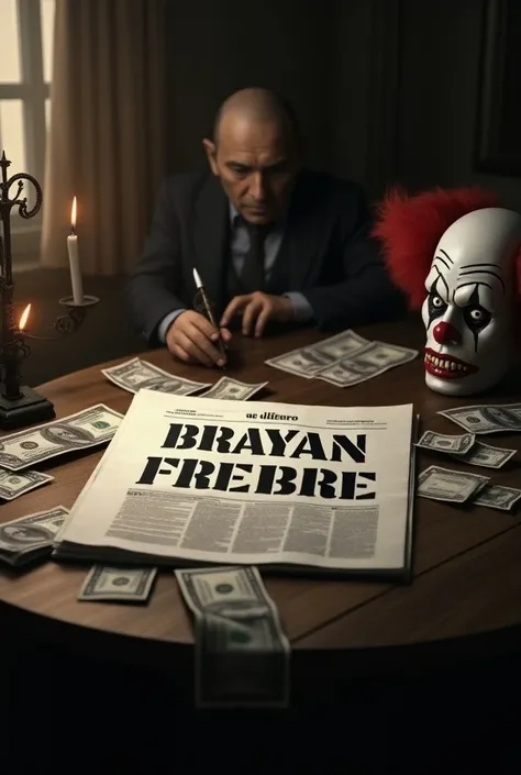 Brayan Freire, a newspaper with the title written Brayan Freire, the newspaper is on a wooden table surrounded by dollars and a creepy clowns head on the side (the title must be visible and without texts after the title)