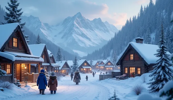 village,  located on the slopes of the snowy mountains ,  all the houses in this village are wooden . It has people ,  dressed in warm reindeer clothes,  blue raincoats and hoods with white fur ,  on the streets  , evening, It&#39;s snowing.