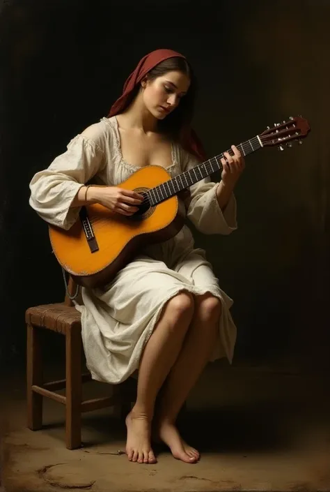 Create an 8k HD painting in the style of the painter Garavaggio ,To a beautiful beggar woman , barefoot , wearing a white dress playing guitar , with details of wear and tear on the guitar sitting on A stool with a light and dark background