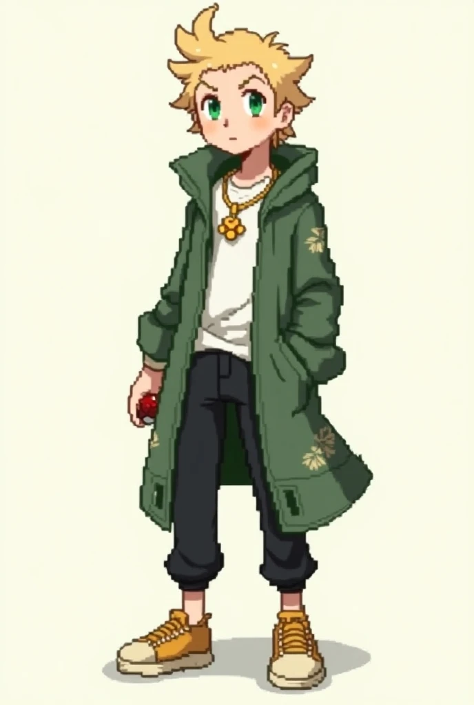 Make a pixel art in the style of a full-body black and white Pokémon of a blond boy with green eyes
He is a 25-year-old young adult
Hes wearing black pants with a slightly droopy long green coat with plants drawn on it and hes wearing a gold necklace with ...