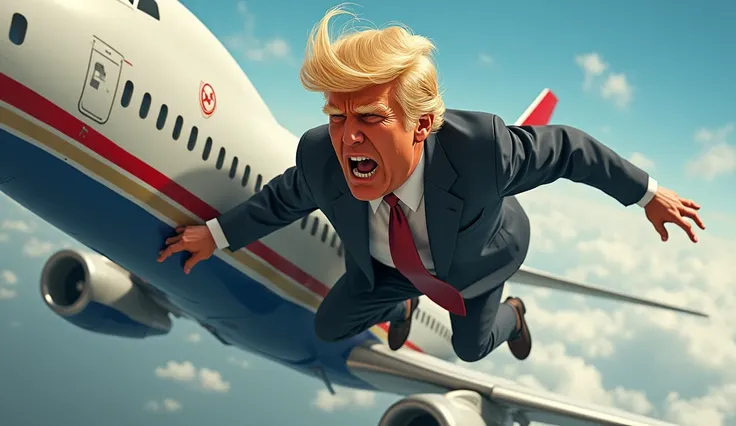  Make an HQ drawing of Donald Trump hanging on top of a plane .  The plane is flying at high speed .  His wig is sticking out of his headhis skin is half orange, artificial tanning. ((Hq design)).