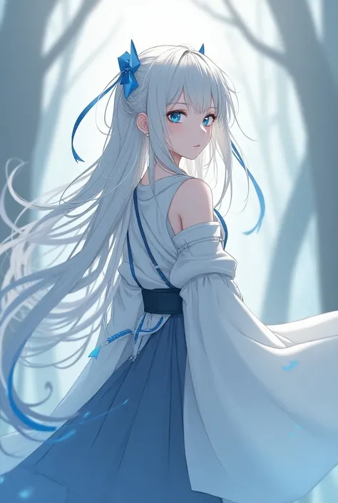 an anime woman, white pele,   white hair with blue details , blue eyes,   ONE EYE ON THE FOREHEAD  , gray skirt, white and blue kimono  ,   white bands on the back  