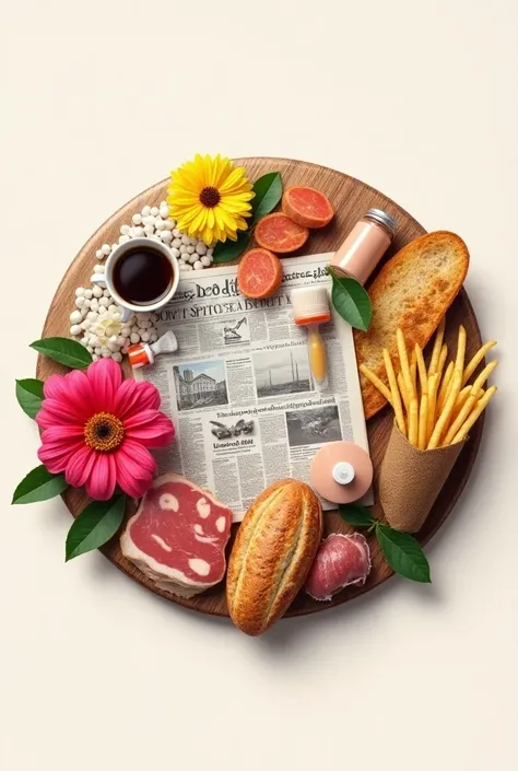  Round logo with flowers, Newspapers , du pain,  a coffee , Meat ,  medications , des frites professionnelles 