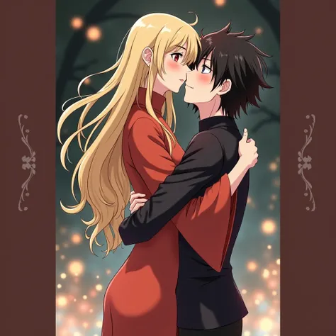 Man with black hair and red eyes kissing a woman with long blonde hair anime version 