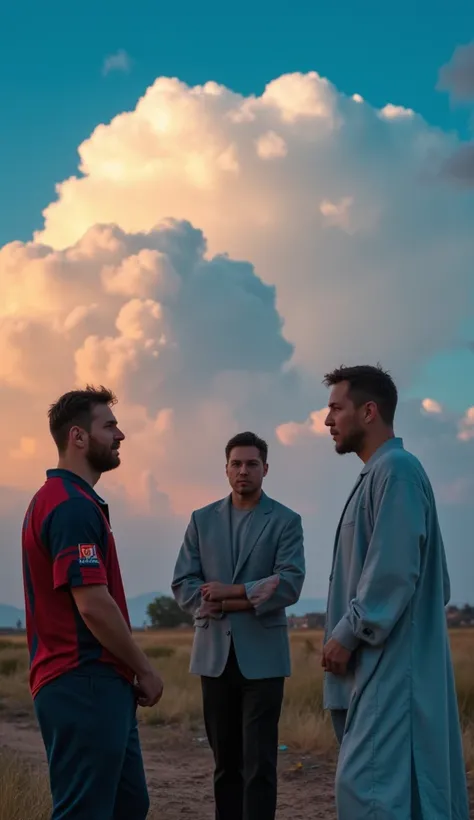 Messi and Jesus engaged in conversation with Elon Musk. In the background, a cloud formation subtly resembles Trump, watching them from above. Neon and cinematic lighting, adding a surreal yet natural atmosphere.