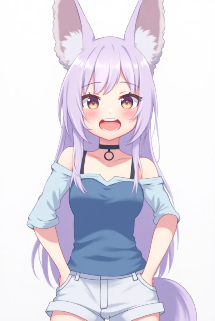 A digital anime-style character with light purple, long hair and large fox ears. The character has a playful expression, with her mouth open, showing small fangs, and a slight blush on her cheeks. She is wearing a casual outfit: a light blue off-shoulder t...