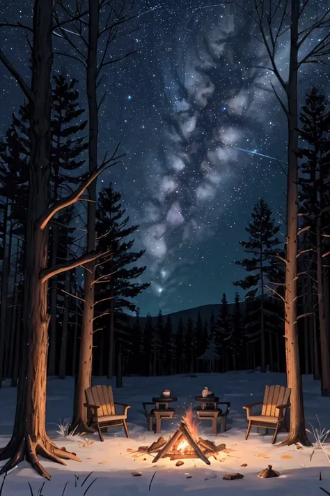 
Picture an anime-style nighttime camping scene in a quiet forest clearing. In the center of the clearing is a small, glowing campfire, its flickering flames casting a warm, golden light that dances on the nearby grass and trees. Several logs are arranged ...