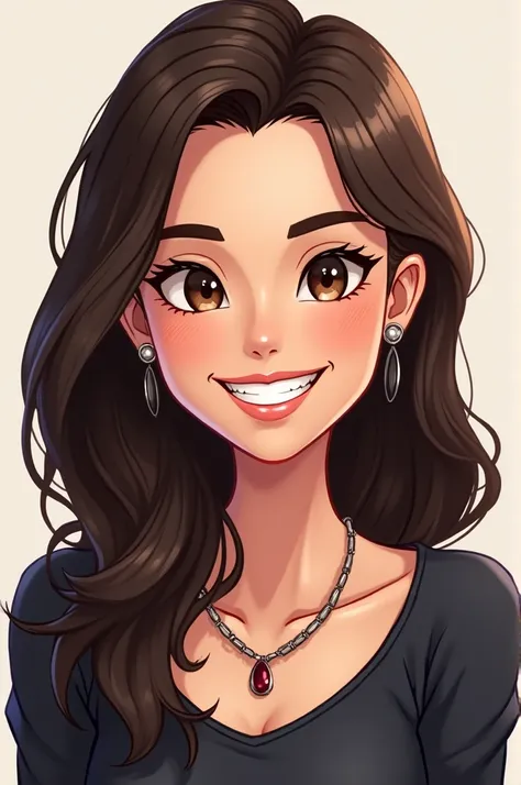 In a cartoon give me a drawing of a portrait of a woman with dark brown hair and brown eyes. He is smiling widely, revealing her shiny white teeth .  She wears a dark colored shirt that appears to be made of thick fabric .  You can see part of a necklace w...