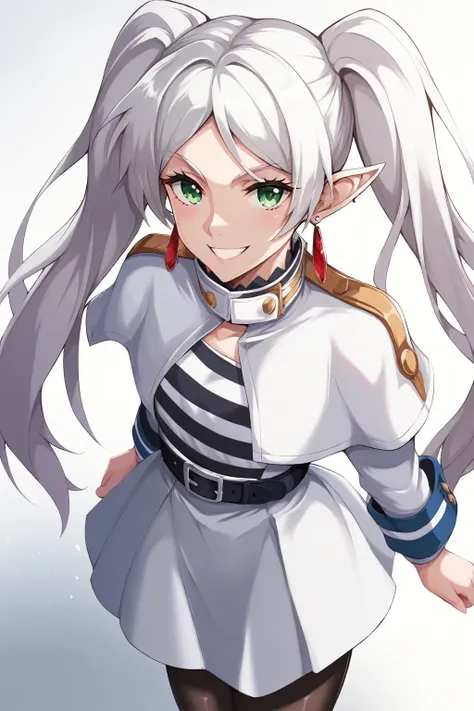 PPuriJet,Jetsmile,Frieren,green eyes,white hair,long hair,twintails, earrings,small chest, flat,FrierenBase, white capelet, striped shirt, long sleeves, belt, white skirt, black pantyhose, Score_9, Score_8_up, Score_7_up, Score_6_up, Score_5_up, Score_4_up...