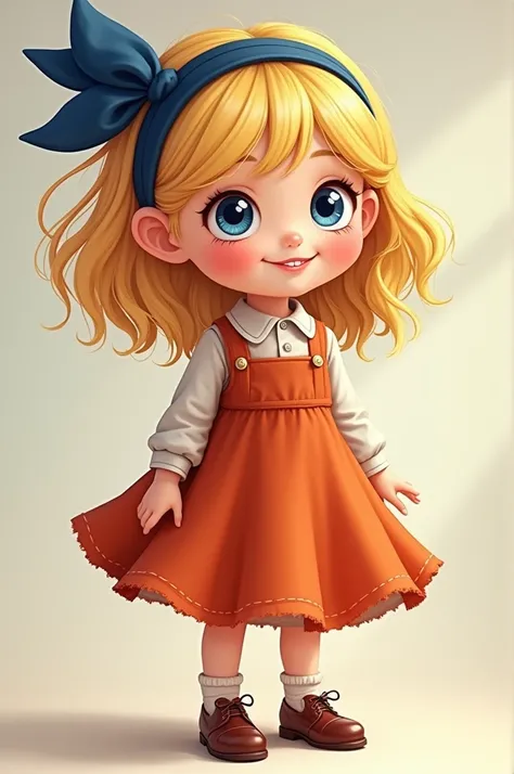  Create an eight-year-old girl ,  blonde with bright blue eyes ,  bright smile and flushed cheeks , with patent leather shoes ,  high-quality fall dress and a navy blue headband 