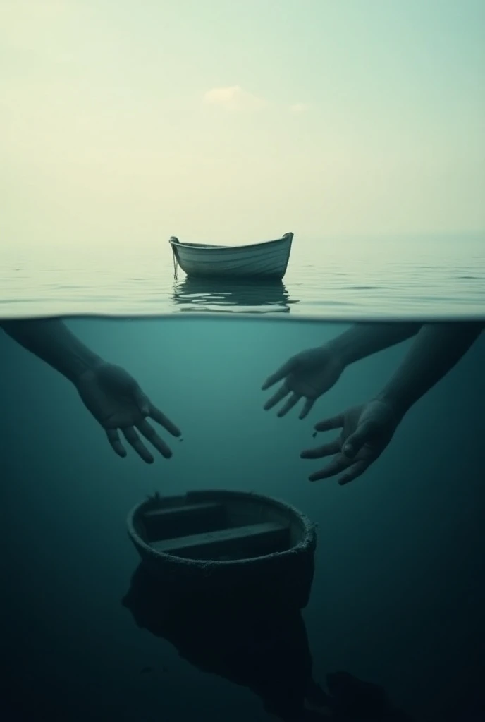 An image split into two parts. In the top half, a delicate, symbolic boat floats on calm water, representing a promising relationship. Shadowy, indistinct hands reach out towards the boat, subtly poking small holes into its hull, allowing water to seep in ...