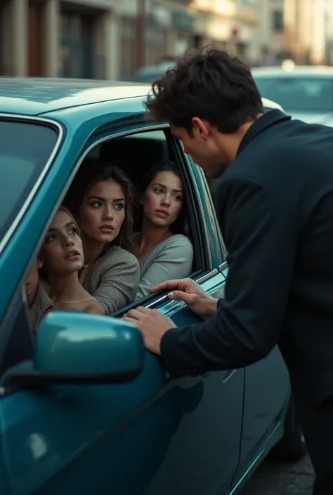 A man approaches the window of a few girls car

