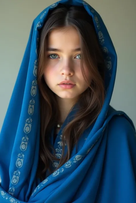 White girl teen in desi blue school uniform and dupatta on head 