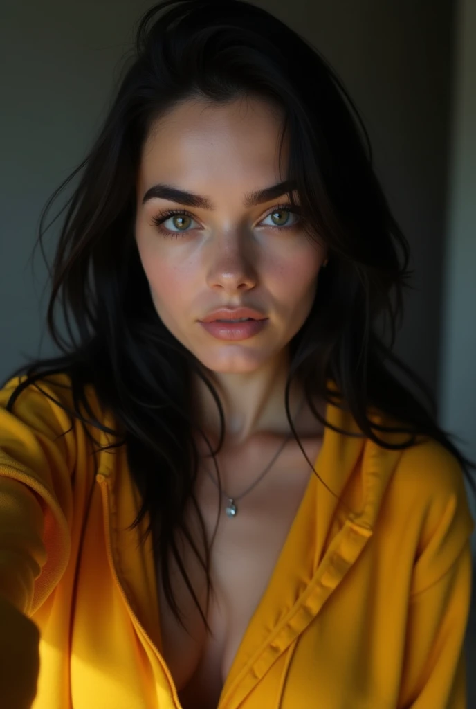 ((best quality)), ((masterpiece)), (detailed), instagram photo, 21yo russian woman, long hair, black hair, candid selfie , close picture, hoodie yellow colour, cleavage, pale, hard shadows iPhone 15
