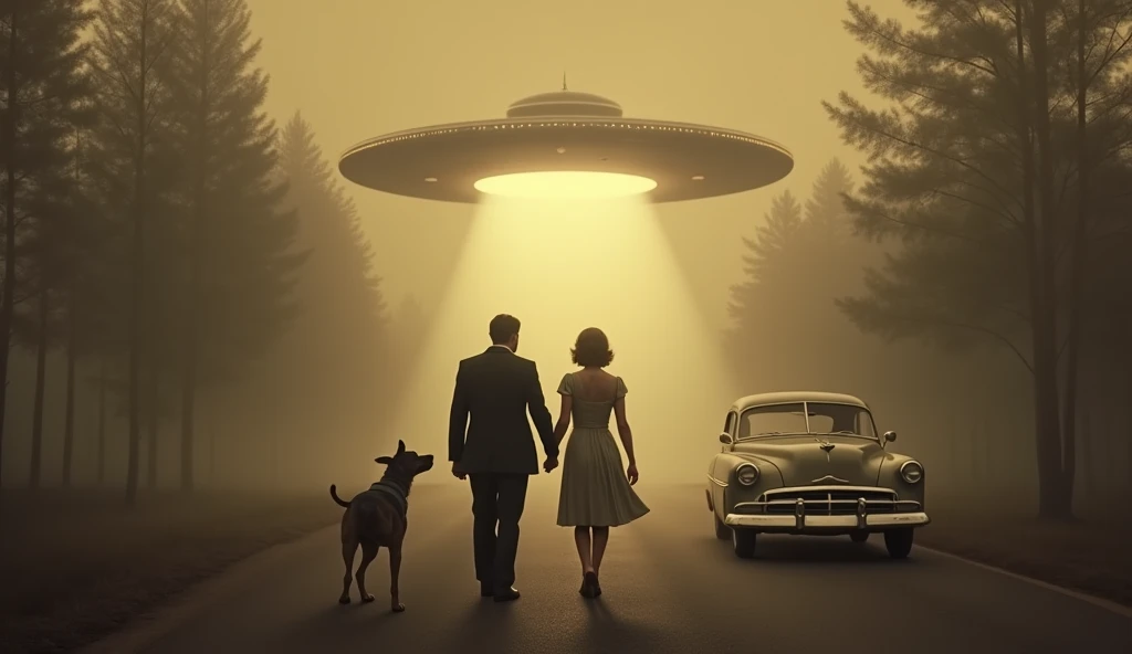  "A vintage, sepia-toned scene from the 1950s, set on a deserted road under a foggy sky. A couple, dressed in 1950s-style clothing (the man in a suit, the woman in a vintage dress), stand near their old, classic car parked by the roadside. They are holding...