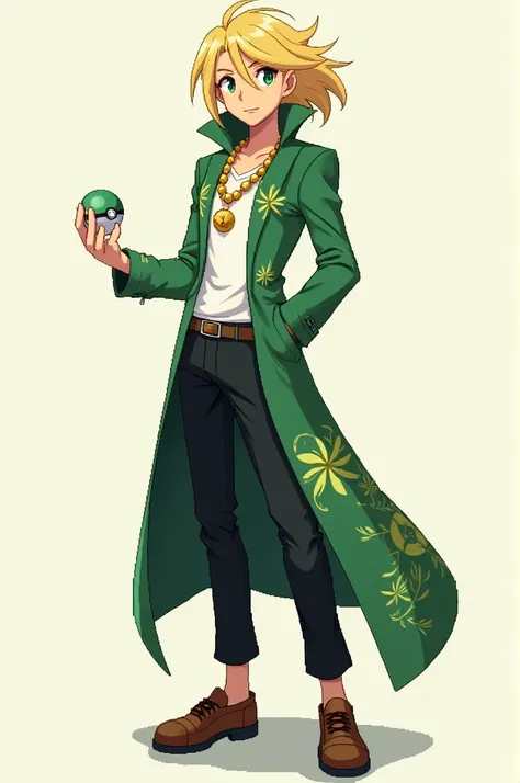 Make a full-body pixel art of a green-eyed blond boy
He is a 25-year-old young adult
Hes wearing black pants with a long green coat with plants drawn on it and hes wearing a gold necklace with a flower-shaped pendant
Hes holding a Pokéball