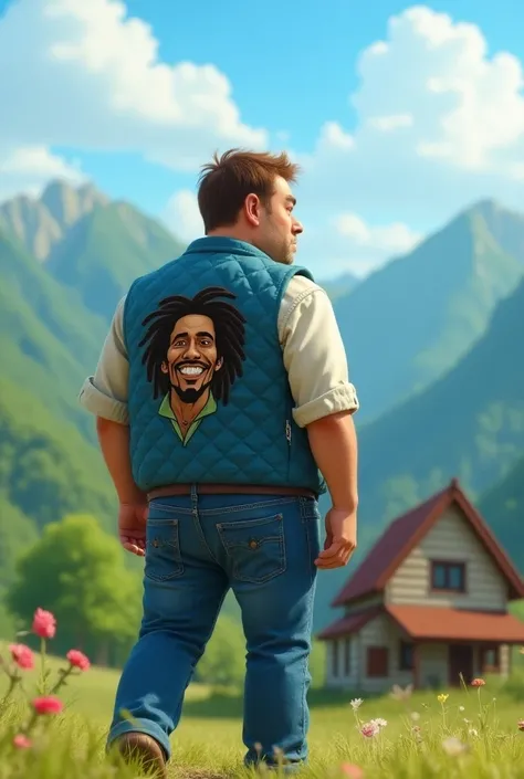 Pixar cartoon style. A 45-year-old white man with short brown hair , Without Beard,  jeans ,  on their backs looking back.  He wears a quilted blue vest with Bob Marleys face embroidered. Bob Marley is smoking a cigarette .  In the background you can see a...