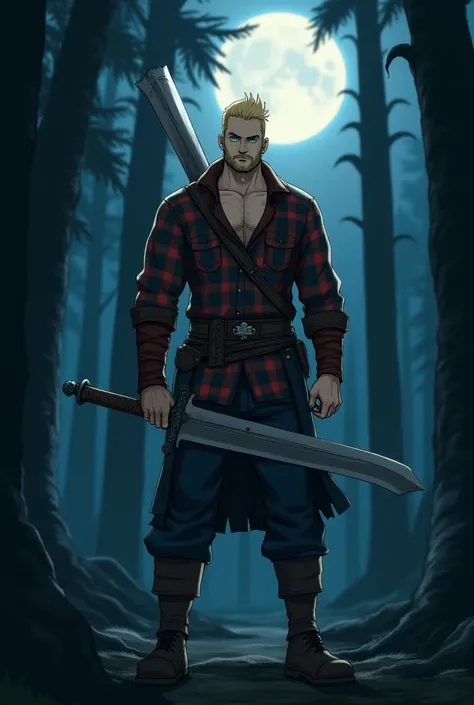 Jaune Arc from RWBY reimagined as a clean shaven lumberjack with a viking sword at night