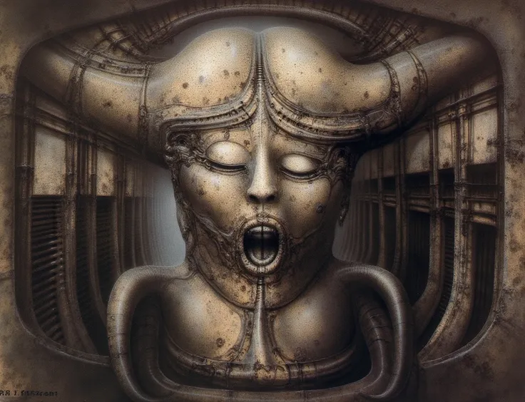 h. r. giger's g1g3r, , giger_style,  , the image is a detailed view of h.r. giger's \" li ii  \" plate, featuring hrggr, h.r. gi...