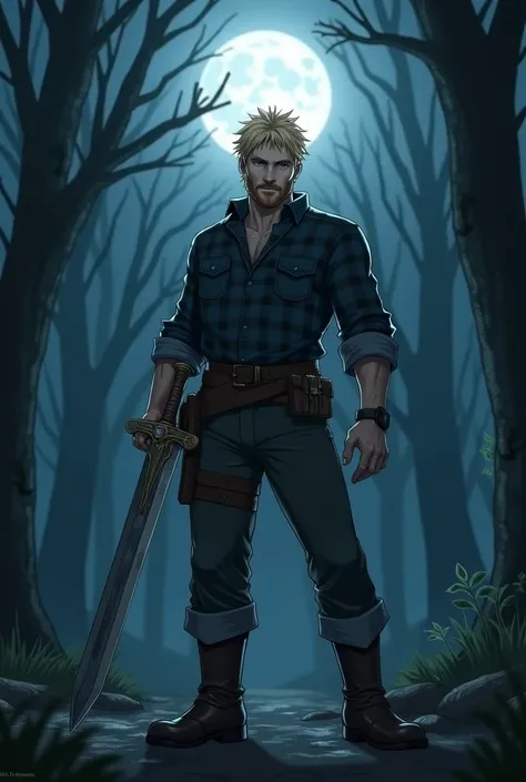 Jaune Arc from RWBY reimagined as a clean shaven lumberjack with a viking sword at night