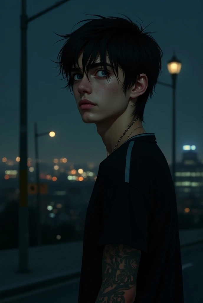 Realistic oil painting.
night city background.  faint lighting .
 Close-up of a young mans face on his back,  looking over her shoulder backwards .
Hes Polish . 
He has blue eyes and his hair is black.  He has tattoos. 
He wears a black jersey. 
 Her expre...