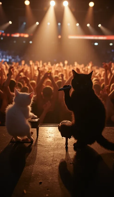 A small white kitten playing a piano with its tiny paws on a brightly lit stage, while beside it, a black cat stands confidently holding a microphone, ready to sing to a large, enthusiastic audience. The stage is filled with warm lighting and spotlights fo...