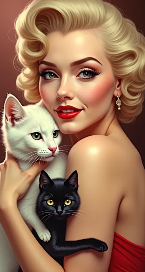 Marlyne monroe holding and hugging a fluffy black cat, red dress