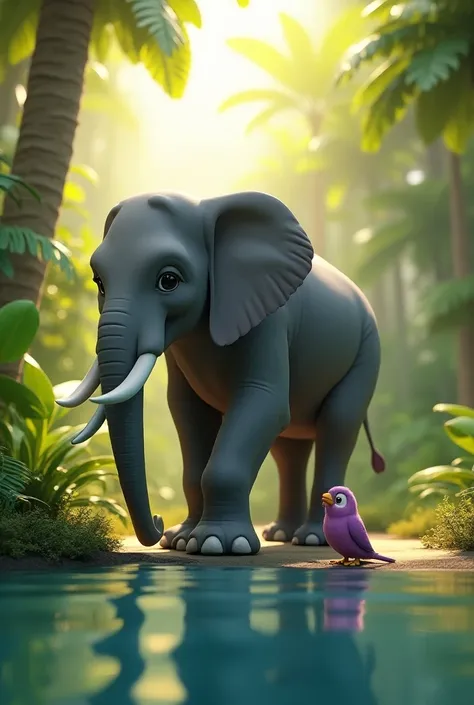 3D animated style A large grey elephant stands near a lake in a lush jungle, drinking water with its trunk. Beside it, a small, purple bird sips water from the lake, gazing up at the towering elephant with a calm, kind expression. The scene is filled with ...