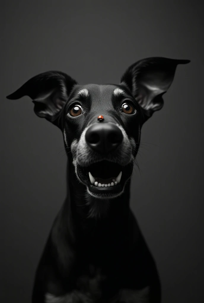 Créez une image dun chien Dobermann  en noir et blanc avec une expression surprise, de grands yeux écarquillés et geule ouverte regardant une petite coccinelle posée sur son nez. Le pelage du chien  doit avoir les taches caractéristiques 
Larrière-plan doi...