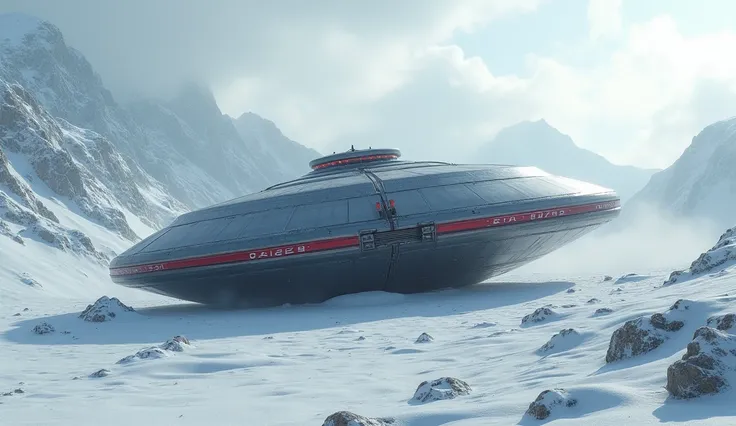   A single flying saucer of star wards  , split in half , metallic, Buried in the ground ((HORIZONTALLY)),   solitary circular damaged  ,  Half of the ship buried underground as if it had hit that ground,   in a snowy area with mountains in the background ...