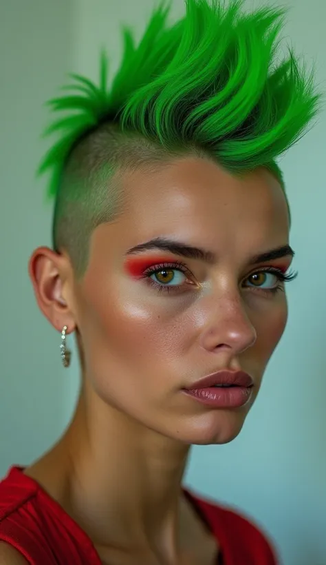 portrait of 30-yo woman by Flora Borsi, style by Flora Borsi, bold, bright colors, green Mohawk haircut, ((Flora Borsi)), Ultra-detailed, realistic, photorealistic Cinematic, photorealistic, realism, By Sasan