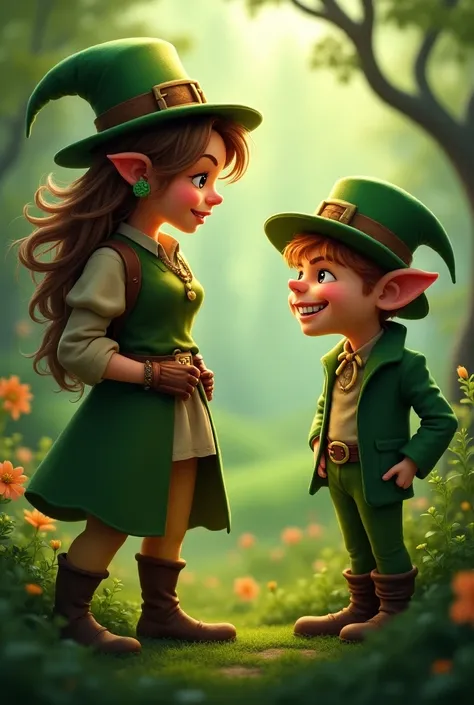 AN ADVENTUROUS WOMAN HAVING A CONVERSATION WITH A YOUNG LEPRECHAUN