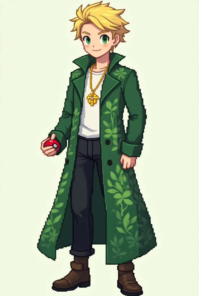 A full-body pixel art of a green-eyed blond boy
He is a 25-year-old young adult
Hes wearing black pants with a long green coat with plants drawn on it and hes wearing a gold necklace with a flower-shaped pendant
Hes holding a Pokéball