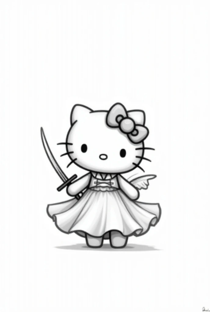 Hello Kitty in a dress with wings posing pretty , In black and white drawing posing very flirty
With a sword in his hand