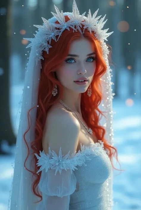 beautiful woman,  red hair blue eyes marked and smoky lines iridescent and glowing skin, long flowing hair , adorned with ice crystals like a tiara , jewelry,   wearing a sensual ice crystal dress , using a. translucent fabric cover in a frozen forest  ,  ...