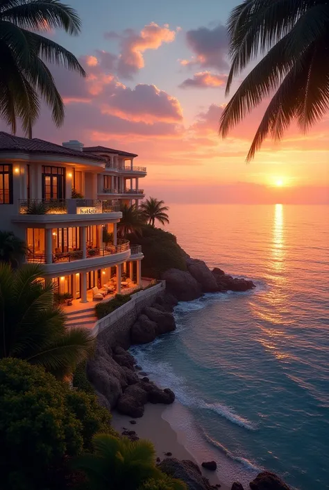 Hotel with ocean view at sunset with the name of "Hotel Francos "