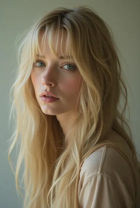 Long wavy Bitter hair with long bangs in blonde or beige tones 