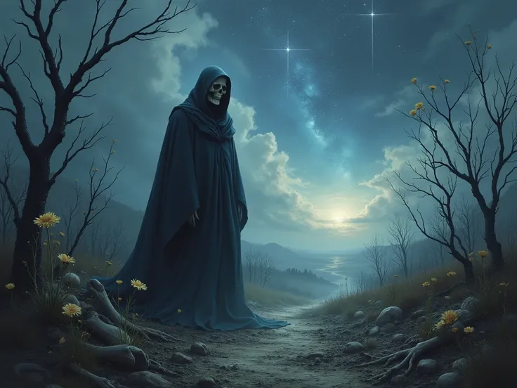   A dark and profound scene that represents the truth about death as a mysterious and inevitable transition . At the center,  a skeletal figure wrapped in a dark cloak ,  partially obscured by an ethereal, bluish haze .  around it,  there is a surreal envi...