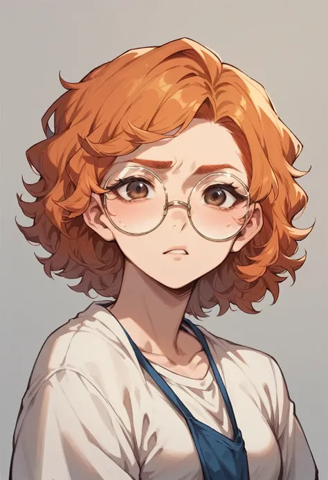 Thicker plus size ginger haired curly with curlybangs and brown eyes and round glasses wrestler ANIME