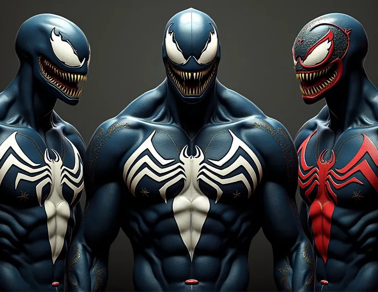 Créez des créatures sombres et puissantes inspirées du personnage de Venom, avec des caractéristiques spécifiques reflétant le style et lidentité de différents pays. Chaque créature possède une peau noire avec des motifs, symboles ou accessoires représenta...