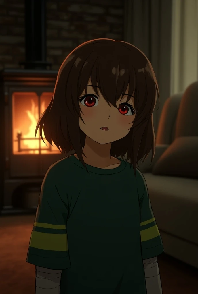 Fake a dark fantasy 80s scene the character is Chara is a child wearing a dark green shirt with light green stripes has brown hair has a red eye she is in a cozy house she is close on a sofa and has a fireplace that is illuminating everything