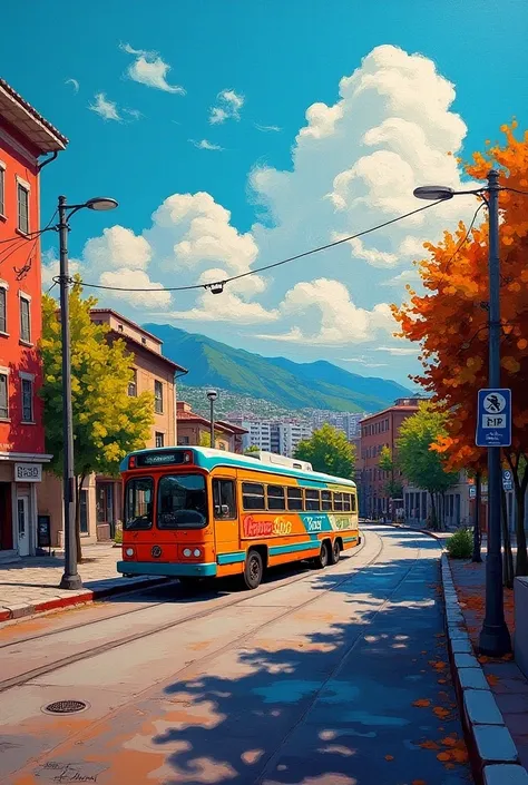  Oile-effect landscape containing a city and a bus of Transantiago (public transport in Chile ).  With the respective colors of the bus and a colorful environment , without people or so much small detail. in artistic style ; handmade painting .  The smalle...