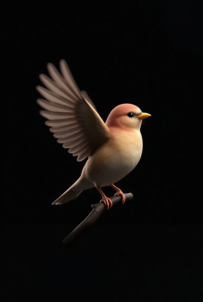  Realistic 3D logo of a finch standing on a twig while flapping its wings, aesthetic shades ,  black gradient background 