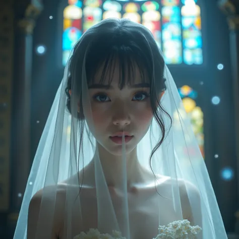 Ethereal and Haunting Live-Action VeiledFace from below, KAWAII Innocent Beauty Bride Wearing Veil on Full Face from Below,  Blurred Face Seen Through the Veil from below, The background is Filled with Elaborate stained glass from below,  Dome-Shaped Ceili...