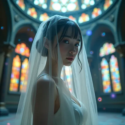 Ethereal and Haunting Live-Action VeiledFace from below, KAWAII Innocent Beauty Bride Wearing Veil on Full Face from Below,  Blurred Face Seen Through the Veil from below, The background is Filled with Elaborate stained glass from below,  Dome-Shaped Ceili...