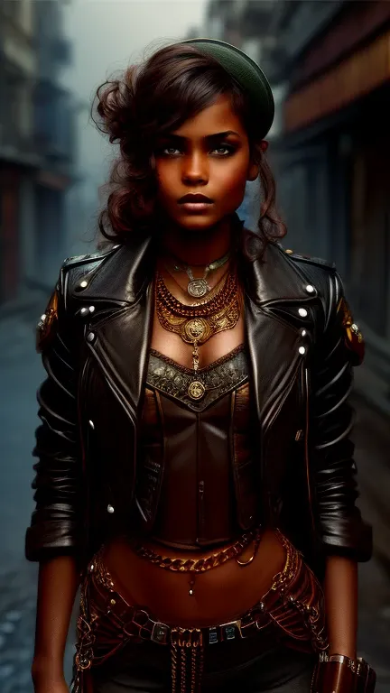 there is a sexy indian woman with a steam powered dark skin, with tall, royal look, street punk concept art, sexy full body view...