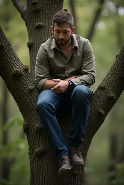 Arresting a man sitting on tree