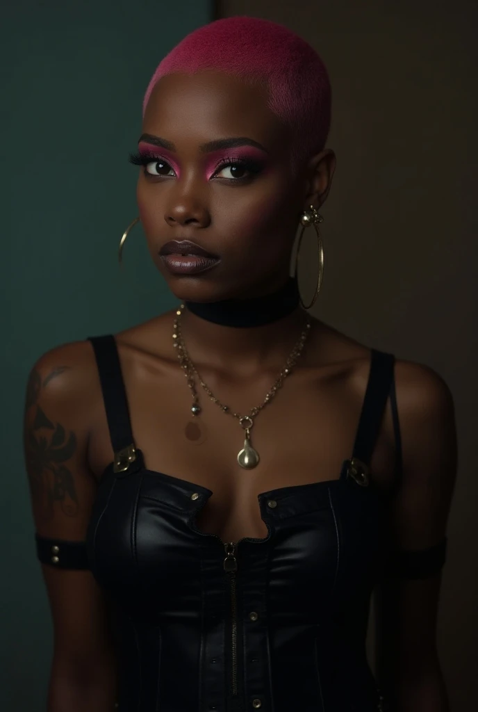 a black woman with shaved pink hair wearing a black corset and punk-style clothing 