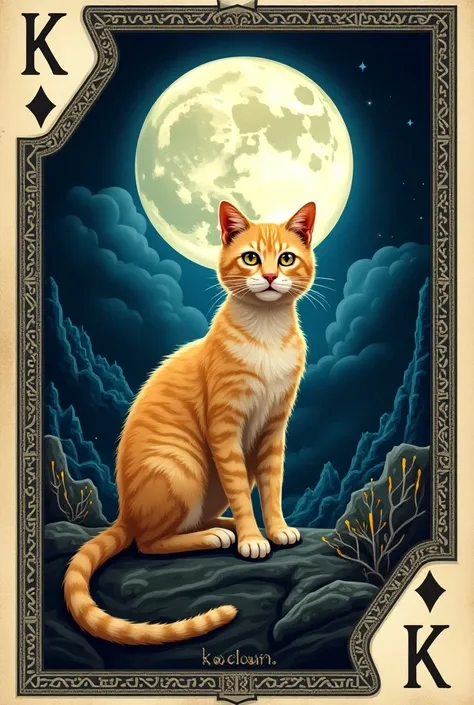 a card of cards with diamonds ,  number K in the upper and lower part , with a blond tabby cat with a background of Nordic images and the full moon in the background
