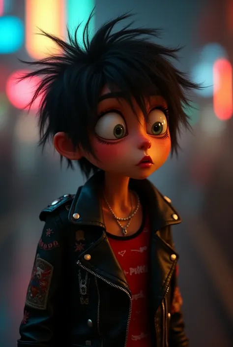 Anxiety from Inside Out reimagined as a stoned lesbian emo rocker. Her iconic orange skin is maintained, but with textured, almost dreamlike details, creating a more soft and ethereal appearance. Her large, anxious eyes are heavy-lidded, with a relaxed, sp...